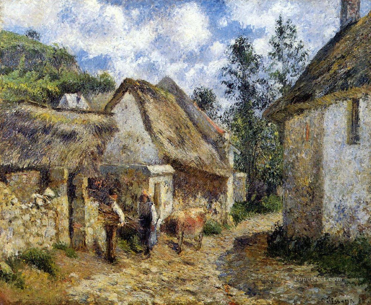 オーヴェールの通り 茅葺きの家と牛 1880年 カミーユ・ピサロ油絵